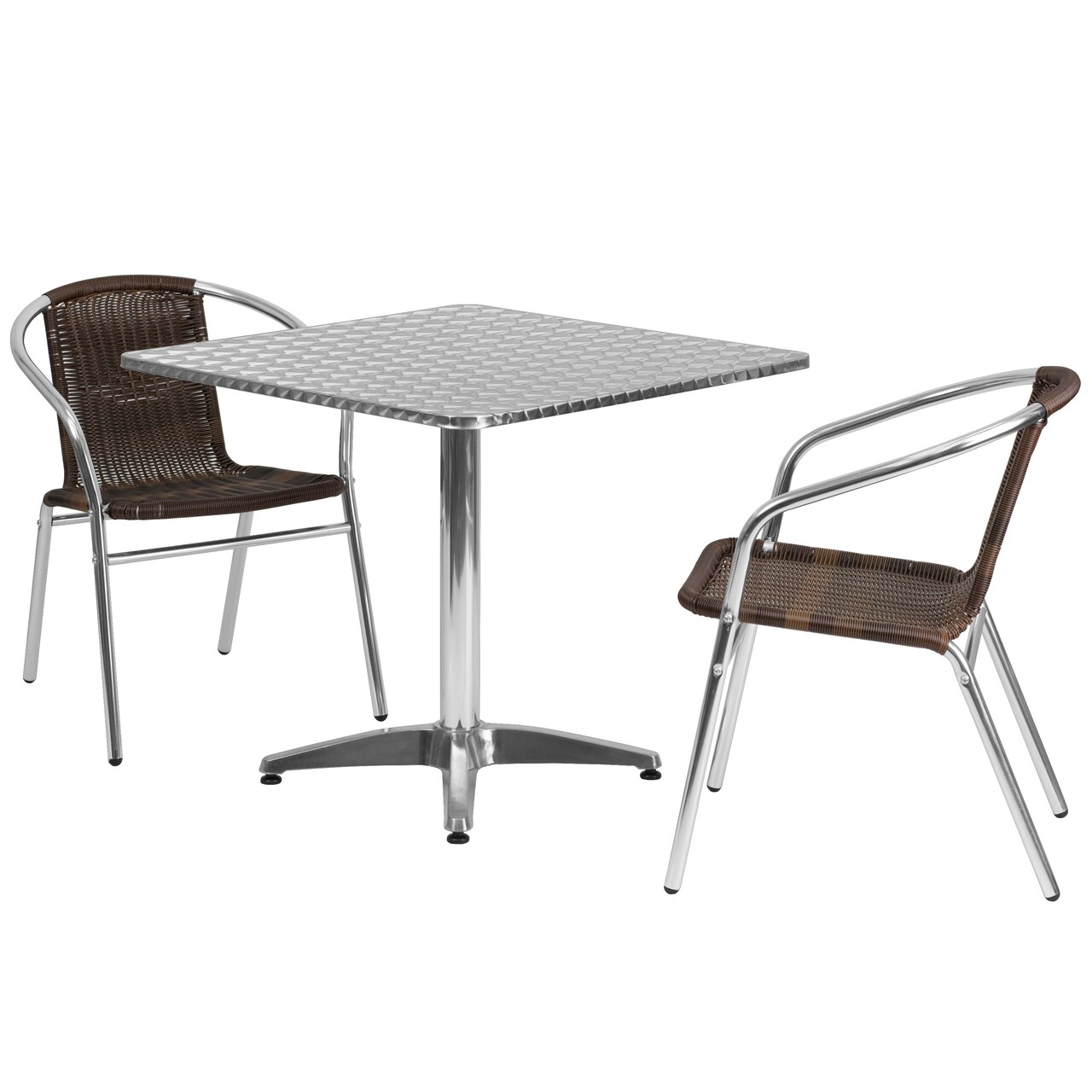 Emma and Oliver 31.5" Square Aluminum Garden Patio Table Set with 2 Rattan Chairs